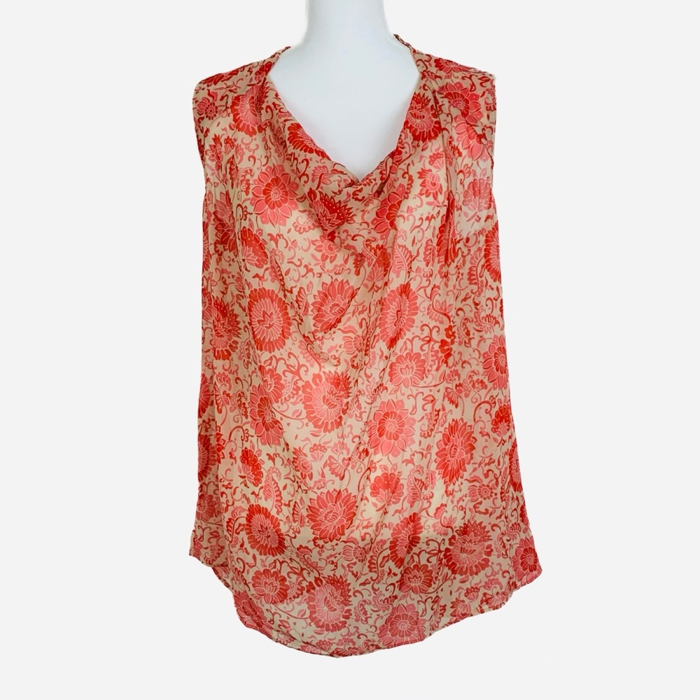 NWT Cabi Vita Blouse Women L Sheer Floral Cowl Neck Draped Tunic Boho Layering